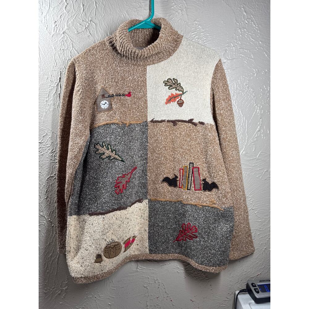 Tanjay Fall Leaves Thanksgiving Knit Pullover‎ Sweater Books Sewing Size Small